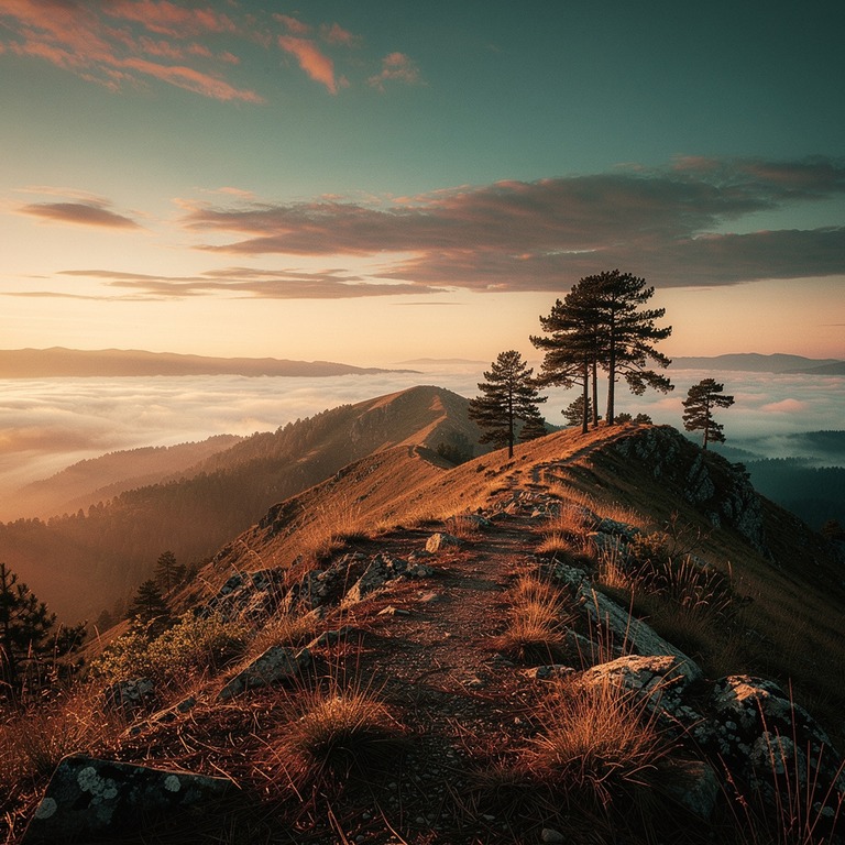 A serene mountain ridge at sunrise, with a few scattered pin... | ShopAyahuascaRetreats