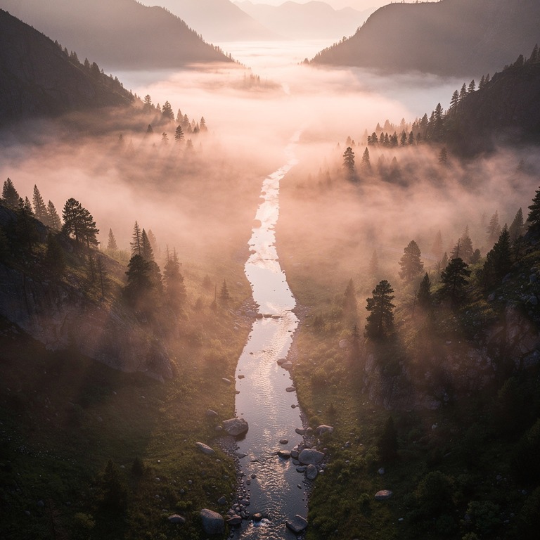 A serene mountain valley at dawn, with mist rising from the ... | ShopAyahuascaRetreats