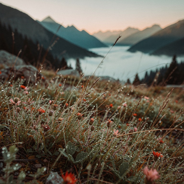 A serene mountain valley at dawn, with misty fog rolling in ... | ShopAyahuascaRetreats