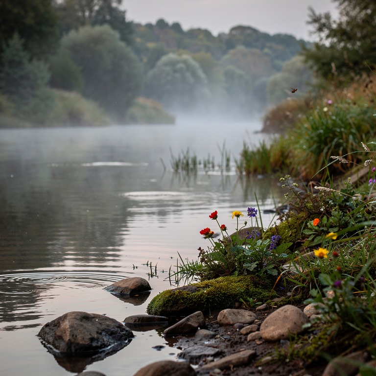 A serene riverbank at dawn, with mist rising from the calm w... | ShopAyahuascaRetreats