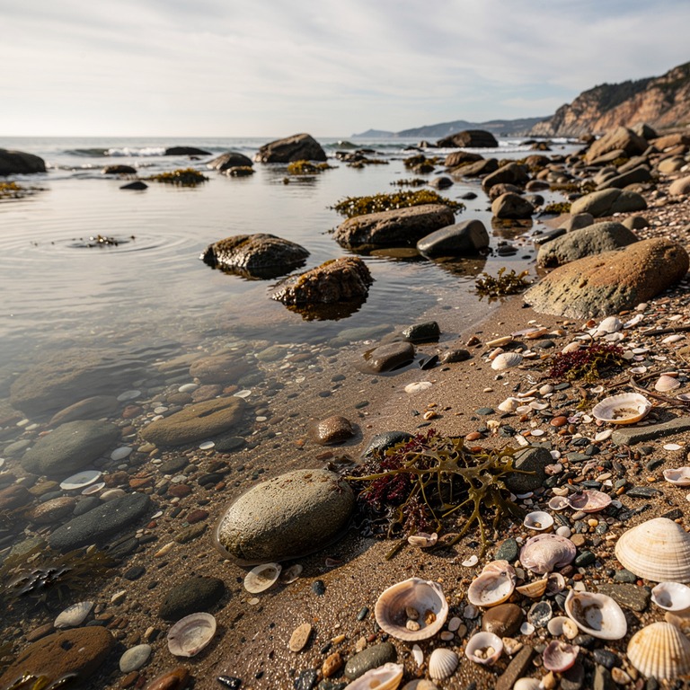 A serene rocky shoreline at low tide, with a variety of shel... | ShopAyahuascaRetreats
