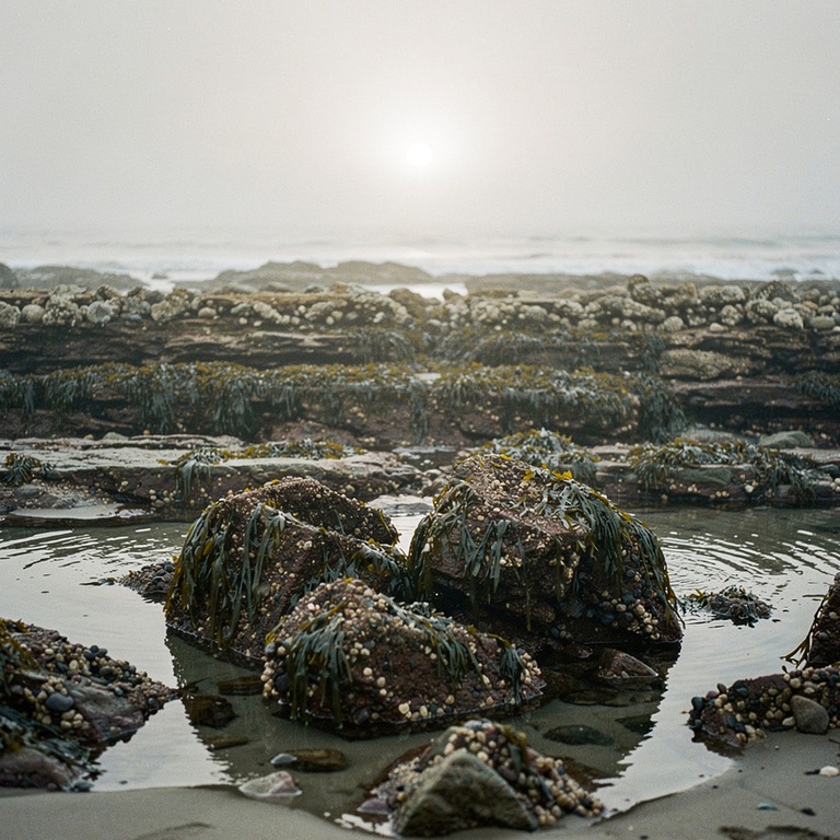 A serene, rocky shoreline meets the calm ocean at low tide, ... | ShopAyahuascaRetreats