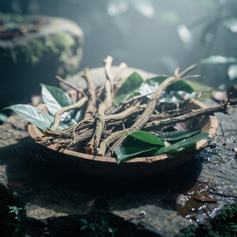 A shallow dish of ayahuasca vine and leaves rests on a natur... | ShopAyahuascaRetreats