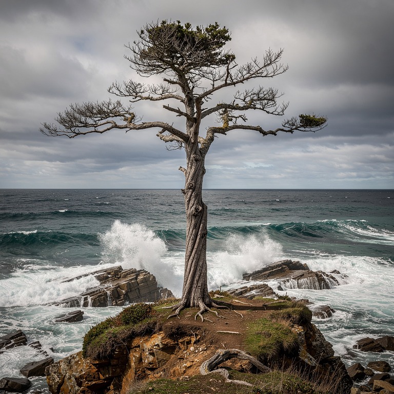A solitary, aged tree stands tall on a windswept cliff overl... | ShopAyahuascaRetreats