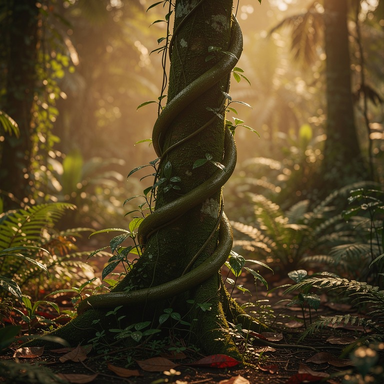 A solitary ayahuasca vine curls around a tree trunk in dappl... | ShopAyahuascaRetreats