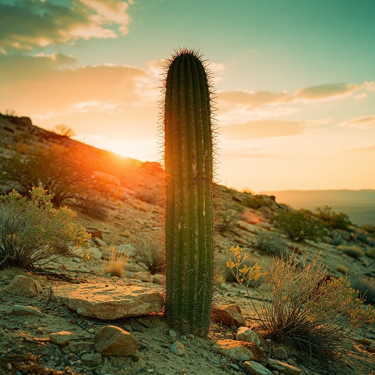 A solitary cactus stands tall on a desert hillside at sunset... | ShopAyahuascaRetreats