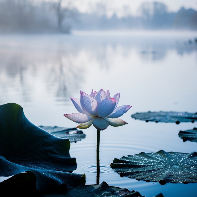 A solitary lotus flower blooming in a calm pond, with soft m... | ShopAyahuascaRetreats