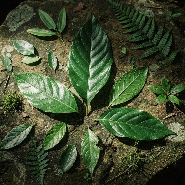 A still life of various Amazonian plant leaves, including Ps... | ShopAyahuascaRetreats