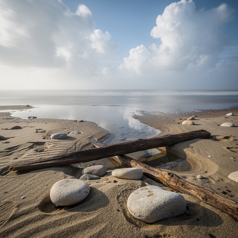 A tranquil, sandy shore at low tide, with a few scattered be... | ShopAyahuascaRetreats