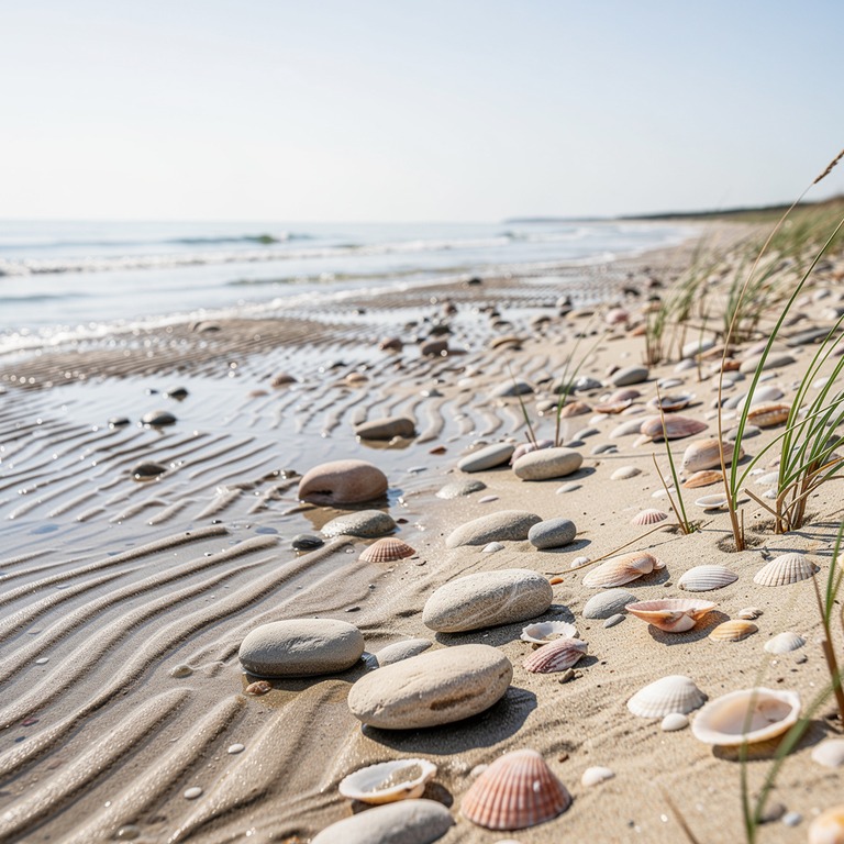 A tranquil, sandy shoreline at low tide, with a scattering o... | ShopAyahuascaRetreats