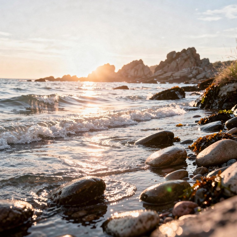 A tranquil scene of a rocky shoreline at sunset, with waves ... | ShopAyahuascaRetreats
