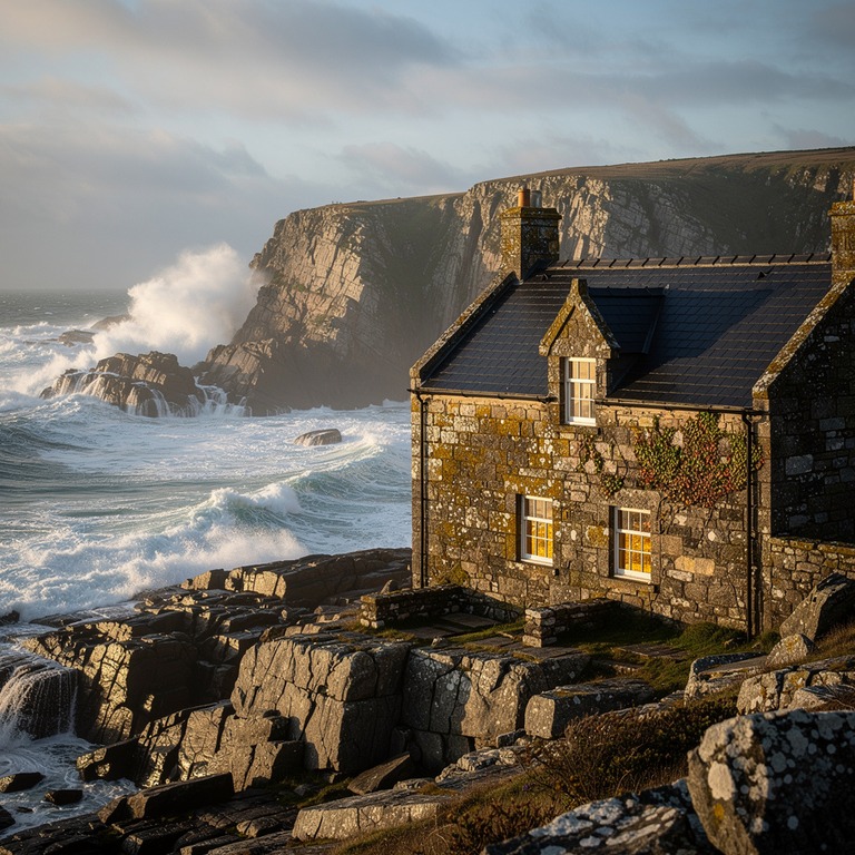 A weathered stone cottage on a rocky shoreline, with waves c... | ShopAyahuascaRetreats