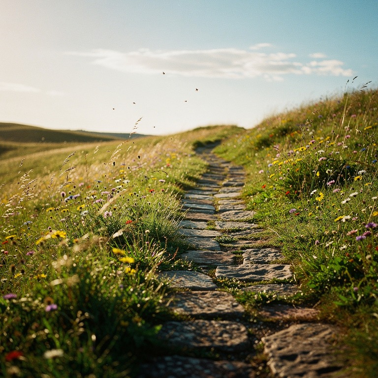 A weathered stone path winding through a rolling meadow, lin... | ShopAyahuascaRetreats
