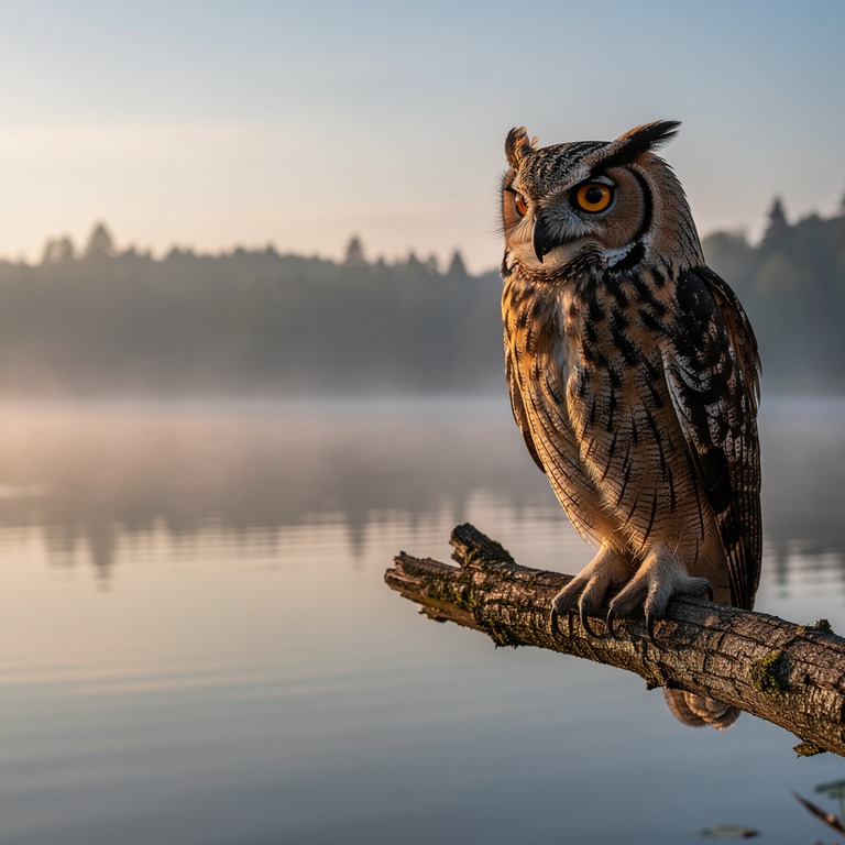A wise old owl perches on a branch over a tranquil lake at d... | ShopAyahuascaRetreats