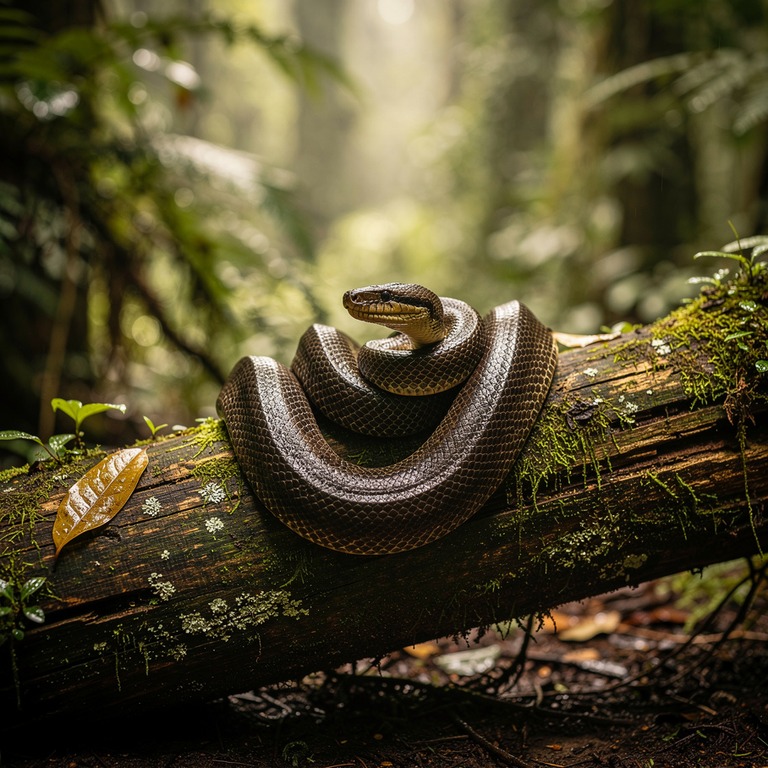 Anaconda coiled on a fallen rainforest log | ShopAyahuascaRetreats