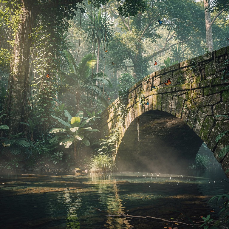 Ancient stone bridge over a quiet jungle stream, soft fog | ShopAyahuascaRetreats