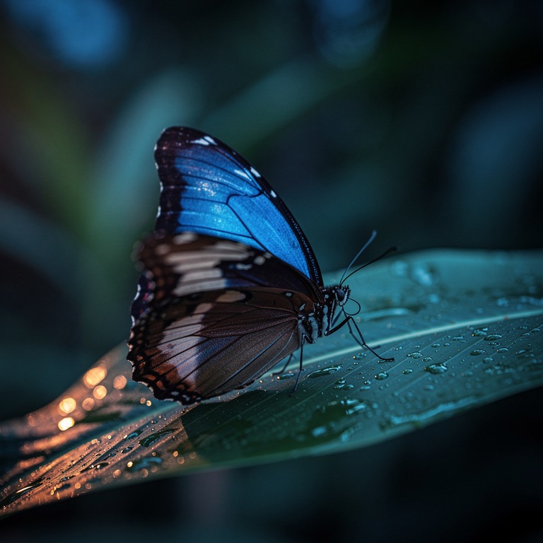 Blue morpho butterfly on a broad green leaf, shallow focus | ShopAyahuascaRetreats