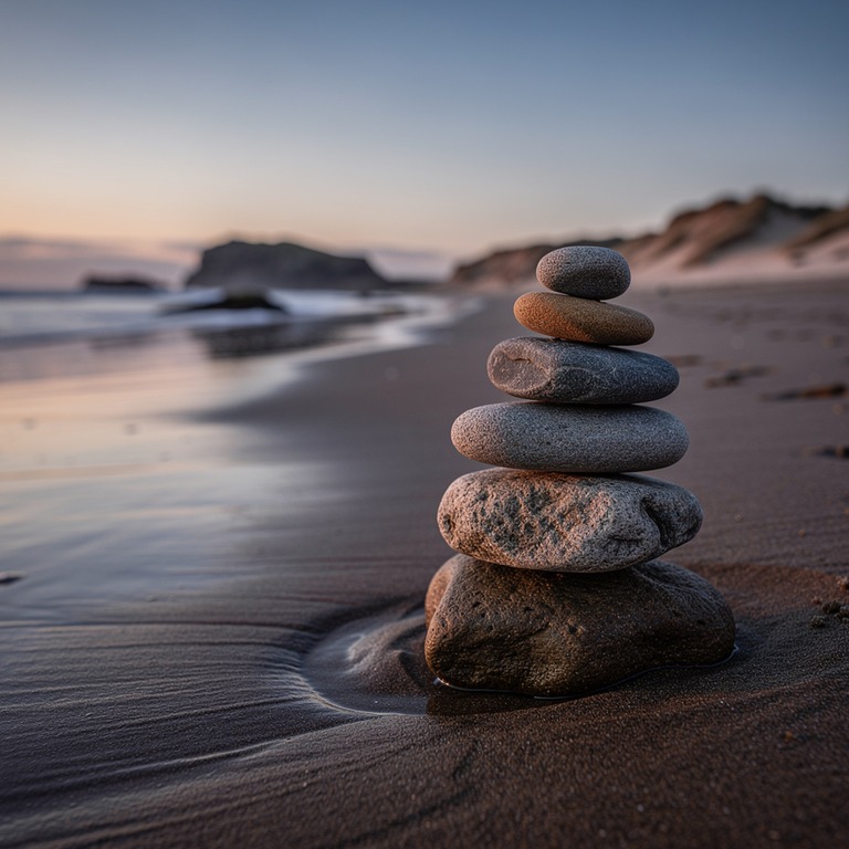 Cairn of smooth river stones on a quiet beach | ShopAyahuascaRetreats