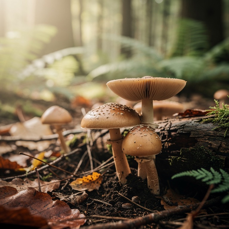 Cluster of forest mushrooms with intricate gill detail under... | ShopAyahuascaRetreats