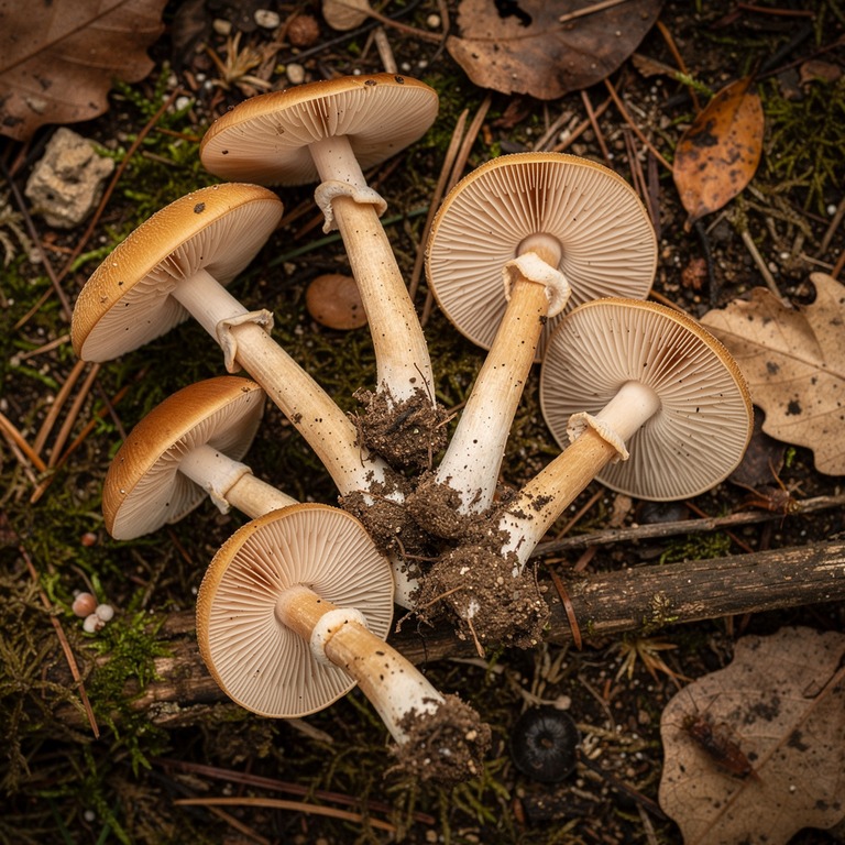 Cluster of forest mushrooms with intricate gill detail under... | ShopAyahuascaRetreats