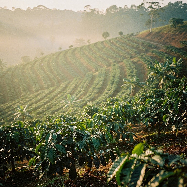Coffee plantation hillside at dawn, mist between rows of pla... | ShopAyahuascaRetreats