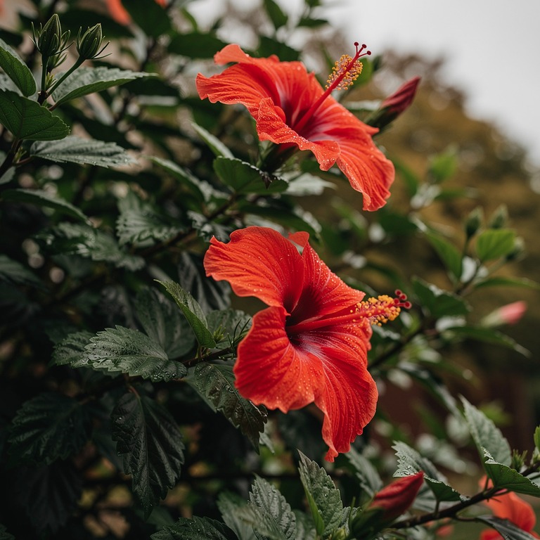 Hibiscus flowers in vivid red against deep green foliage | ShopAyahuascaRetreats