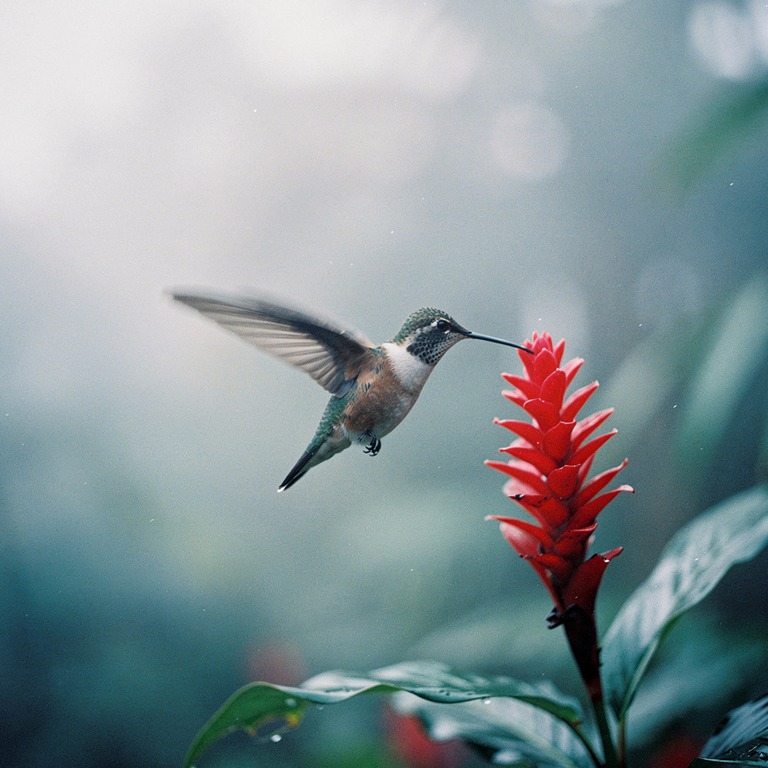 Hummingbird suspended beside a red ginger flower, wings blur... | ShopAyahuascaRetreats