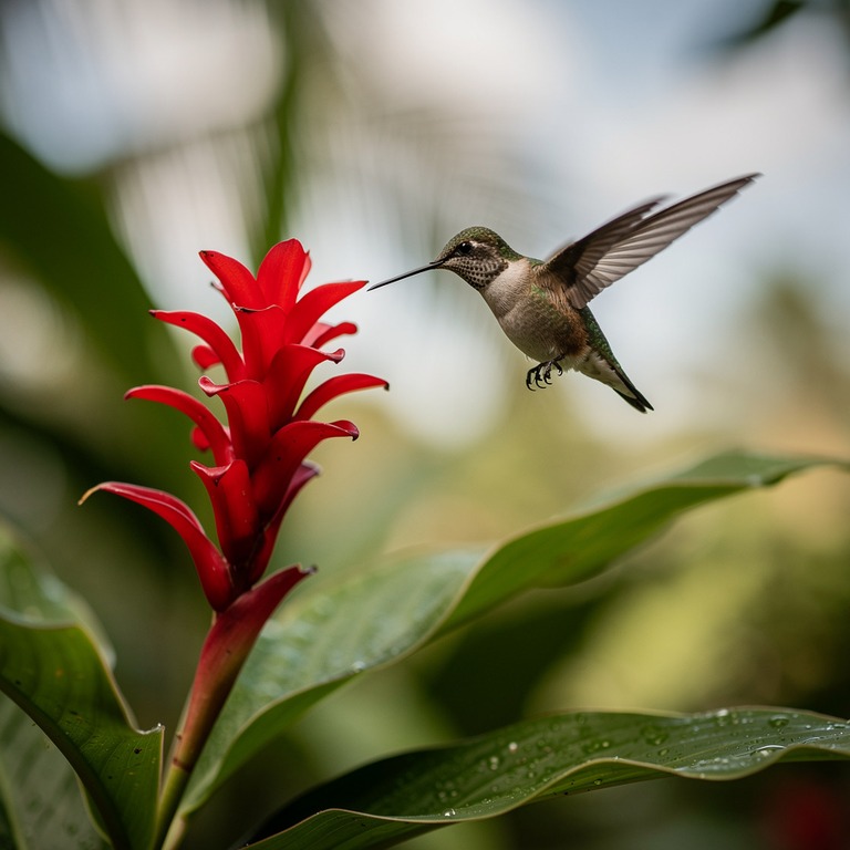 Hummingbird suspended beside a red ginger flower, wings blur... | ShopAyahuascaRetreats