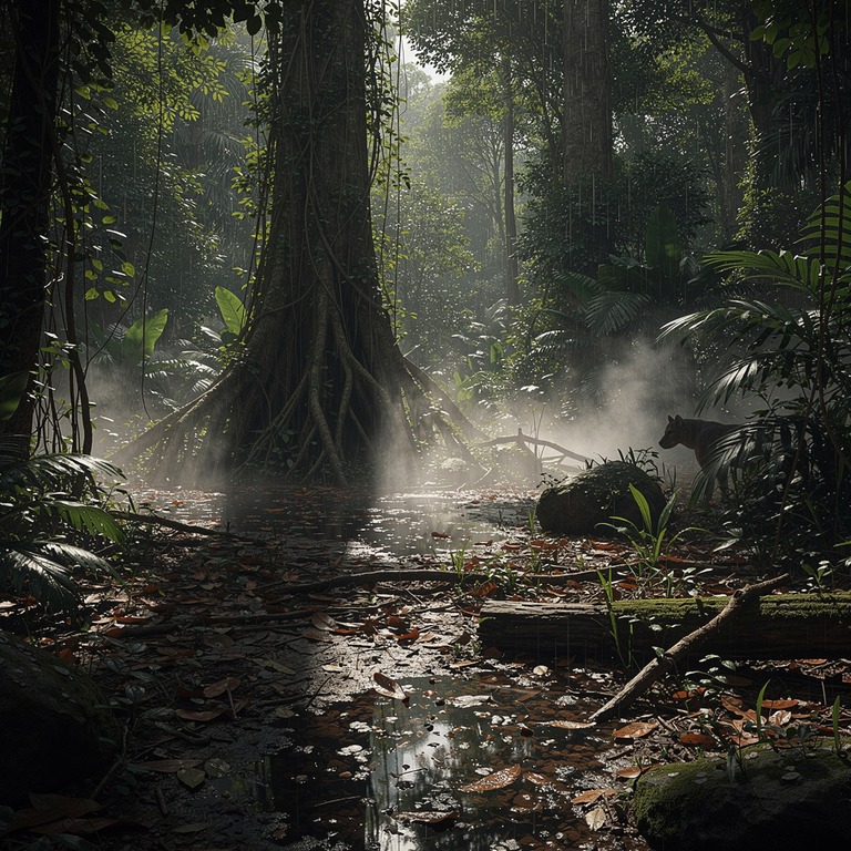 Jungle clearing after heavy rain, steam rising from leaf lit... | ShopAyahuascaRetreats