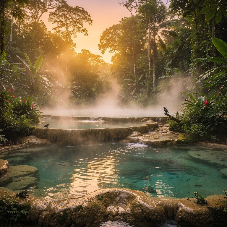Jungle hot springs with steam rising at sunrise | ShopAyahuascaRetreats