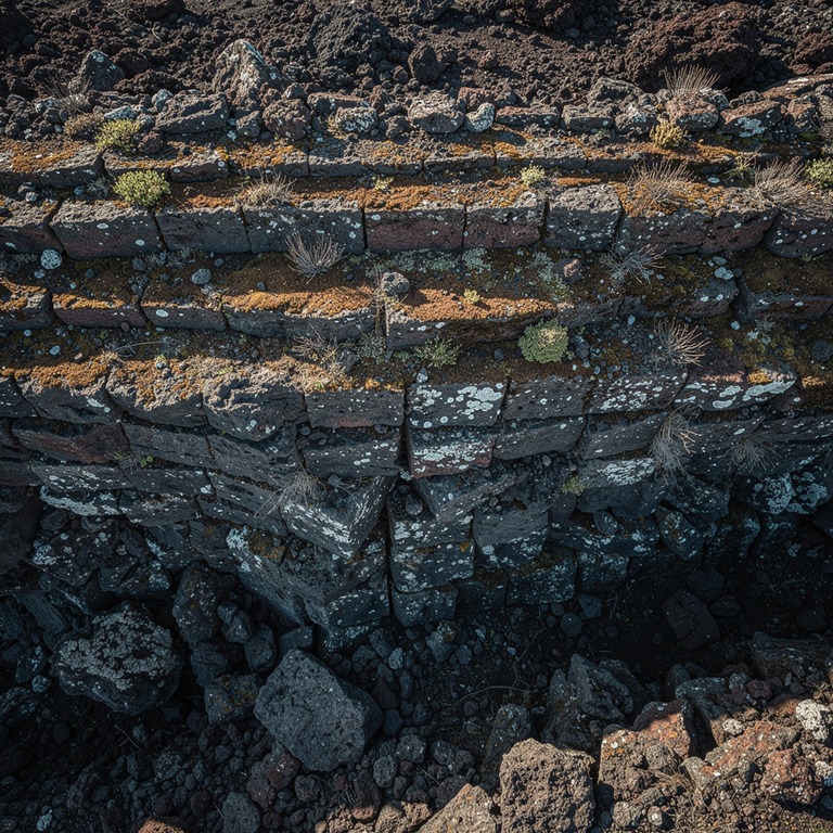 Layers of rough volcanic stone in shadow | ShopAyahuascaRetreats