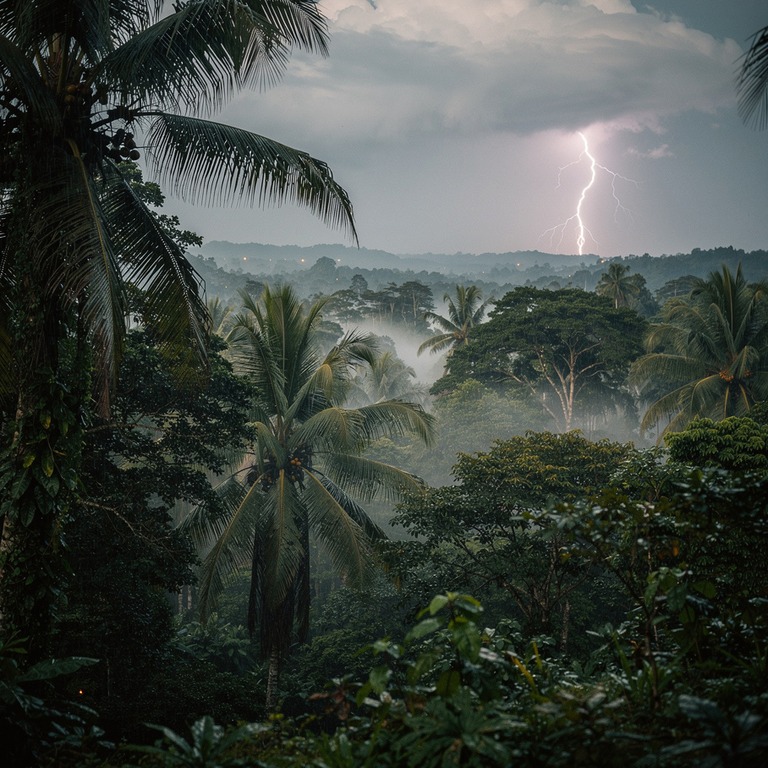 Lightning illuminating a stormy night sky above a jungle can... | ShopAyahuascaRetreats