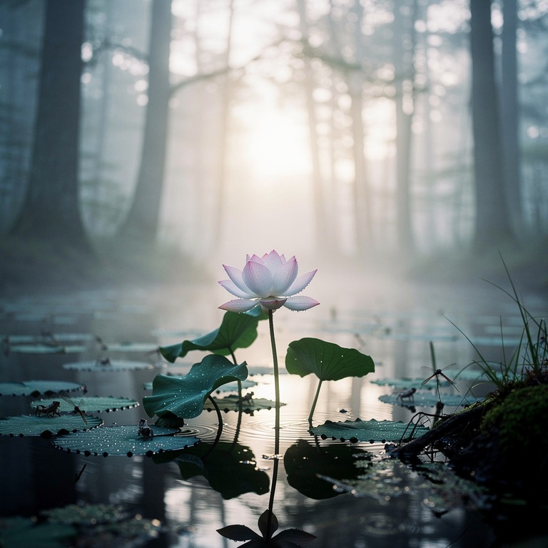 Lotus blossom rising above lily pads in a forest pond | ShopAyahuascaRetreats