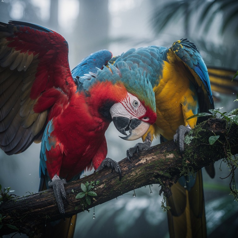 Macaws preening on a jungle vine, wings showing red and blue | ShopAyahuascaRetreats