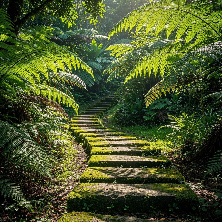 Mossy stone path winding through a fern-filled forest | ShopAyahuascaRetreats