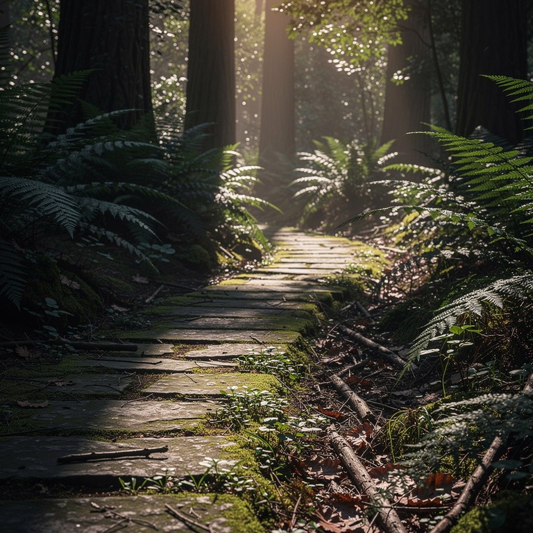 Mossy stone path winding through a fern-filled forest | ShopAyahuascaRetreats