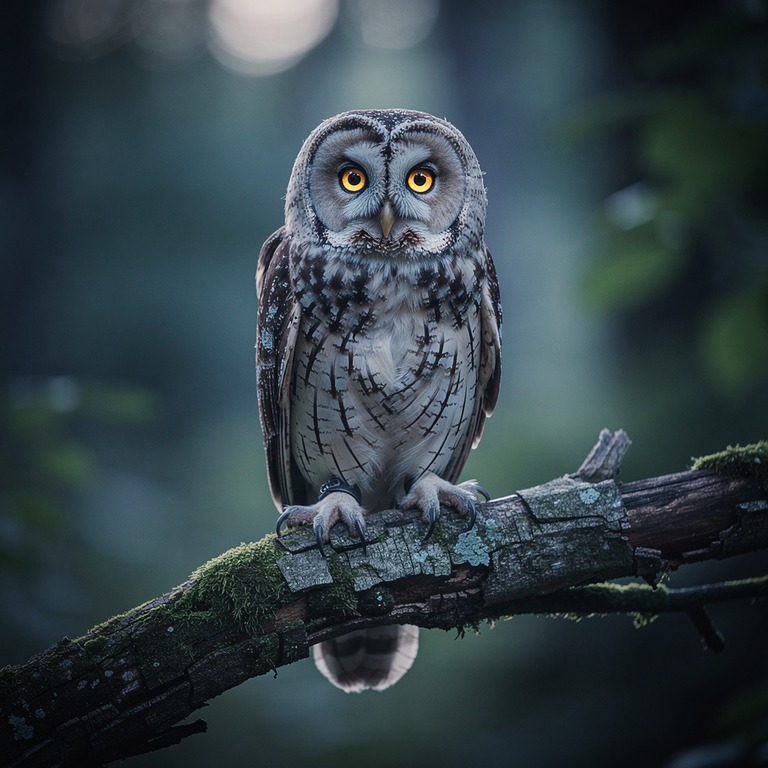 Owl perched on a mossy branch at twilight, eyes glowing | ShopAyahuascaRetreats