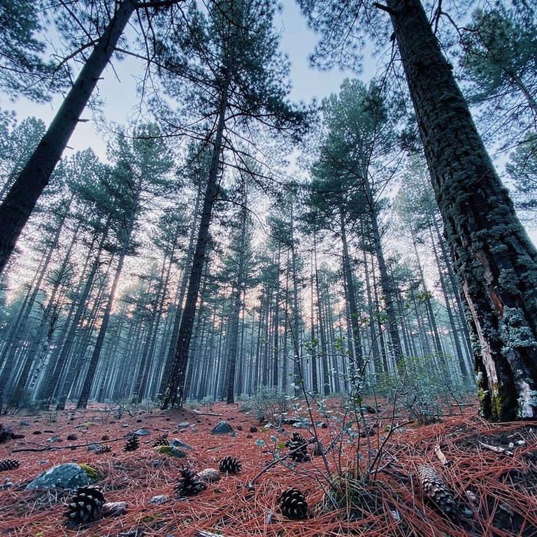 Pine forest with red-brown needle floor, soft afternoon ligh... | ShopAyahuascaRetreats