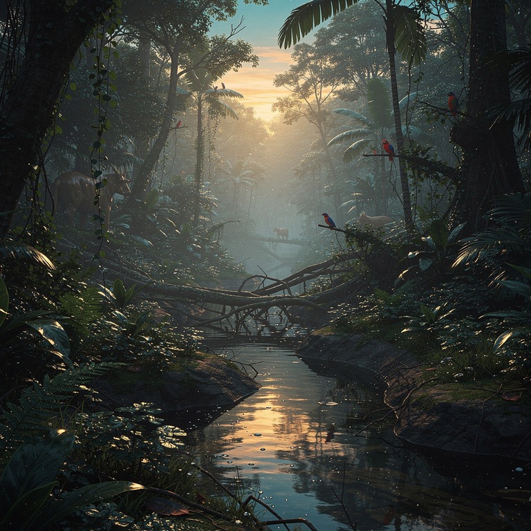 Pre-dawn jungle, deep blue tones with first golden light fil... | ShopAyahuascaRetreats