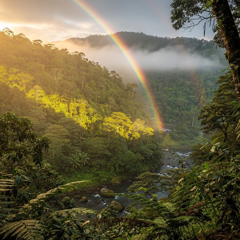 Rainbow arching over a misty rainforest valley after a storm | ShopAyahuascaRetreats