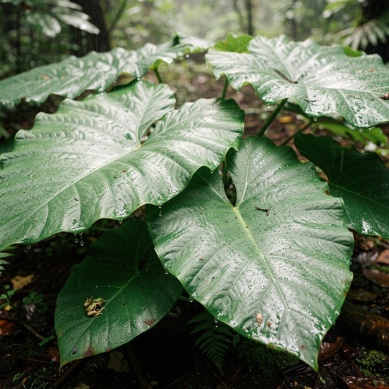 Rainforest understory with massive elephant-ear leaves dripp... | ShopAyahuascaRetreats