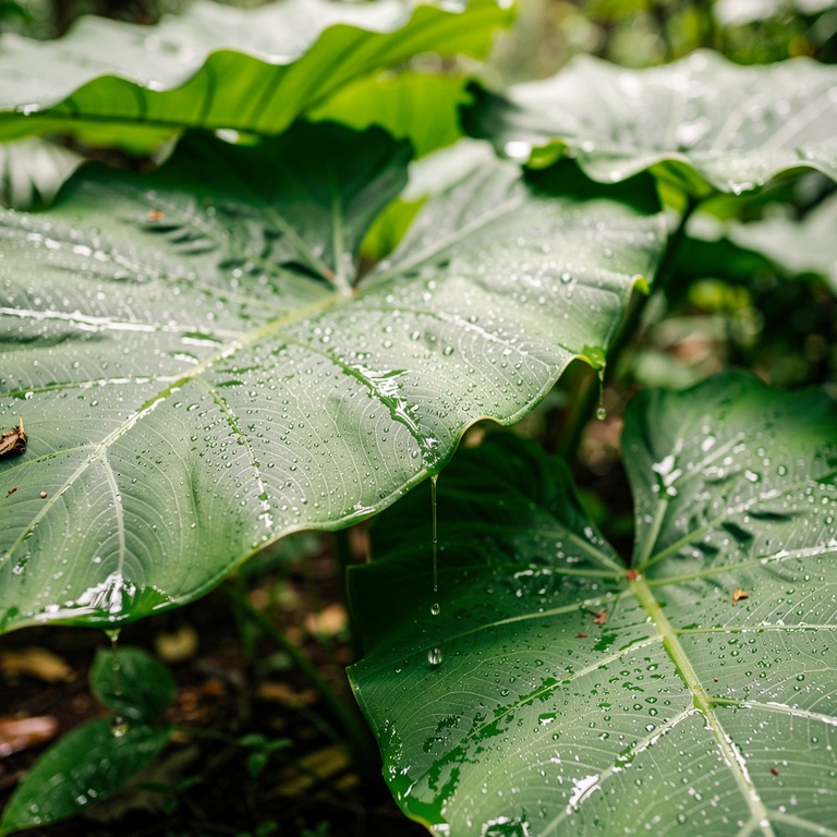 Rainforest understory with massive elephant-ear leaves dripp... | ShopAyahuascaRetreats