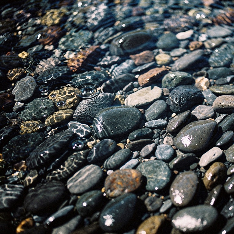 Smooth black basalt pebbles in a shallow stream bed | ShopAyahuascaRetreats