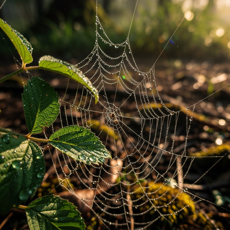 Spider's web stretched between two leaves with morning dew | ShopAyahuascaRetreats