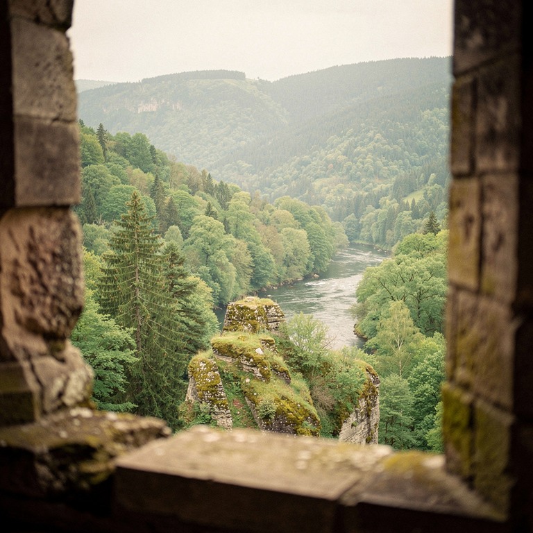 Stone monastery window looking out onto a green forested val... | ShopAyahuascaRetreats