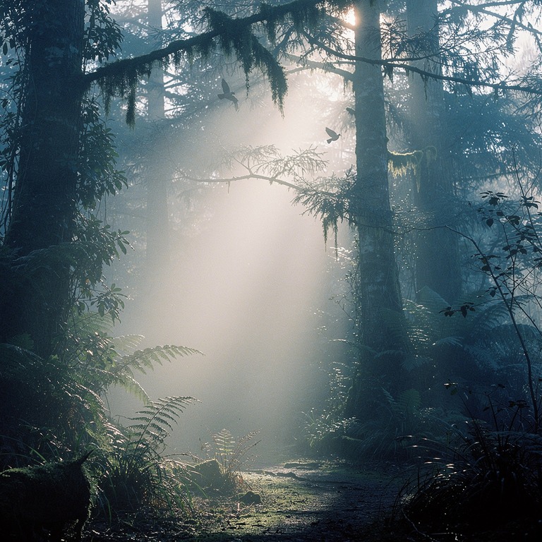 Sunbeam piercing through deep rainforest mist, layered green... | ShopAyahuascaRetreats