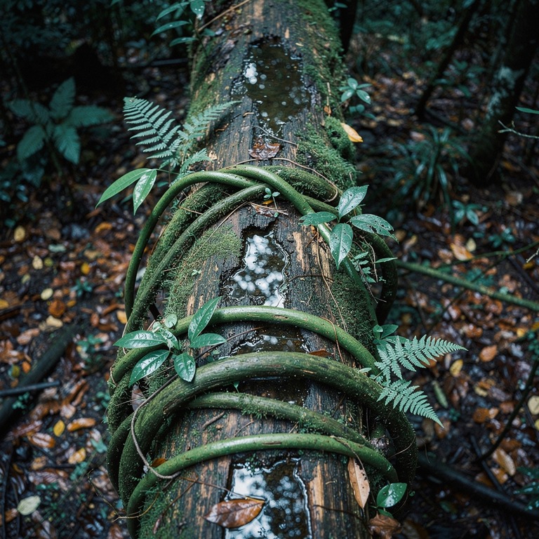 Vines tangled across a fallen tree trunk in deep rainforest | ShopAyahuascaRetreats