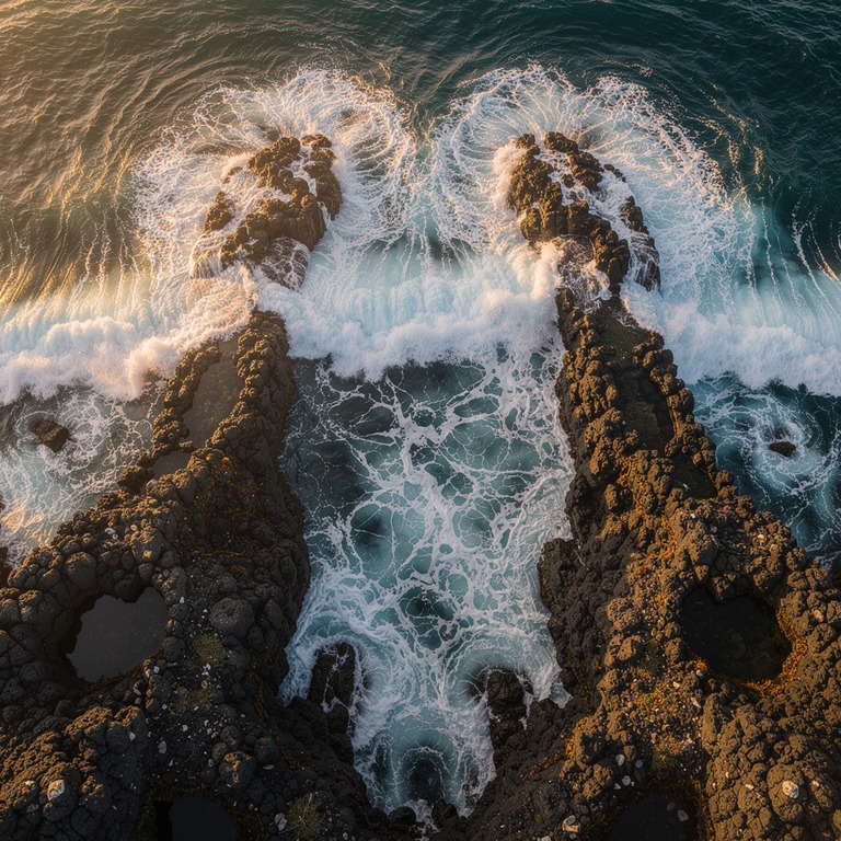 Waves breaking on dark volcanic rock at golden hour | ShopAyahuascaRetreats