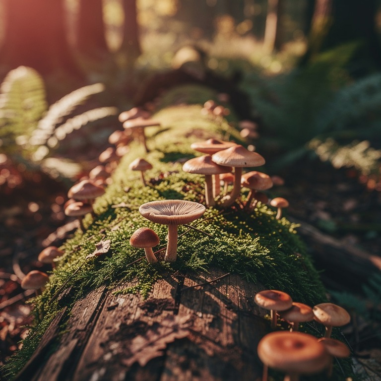 Wild mushrooms scattered on a mossy log, dappled forest ligh... | ShopAyahuascaRetreats