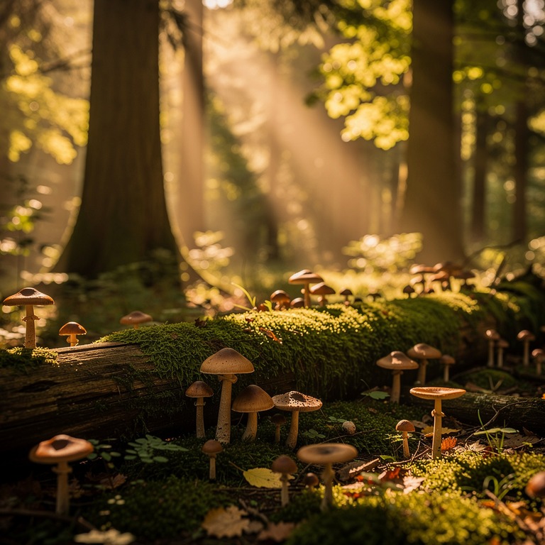 Wild mushrooms scattered on a mossy log, dappled forest ligh... | ShopAyahuascaRetreats